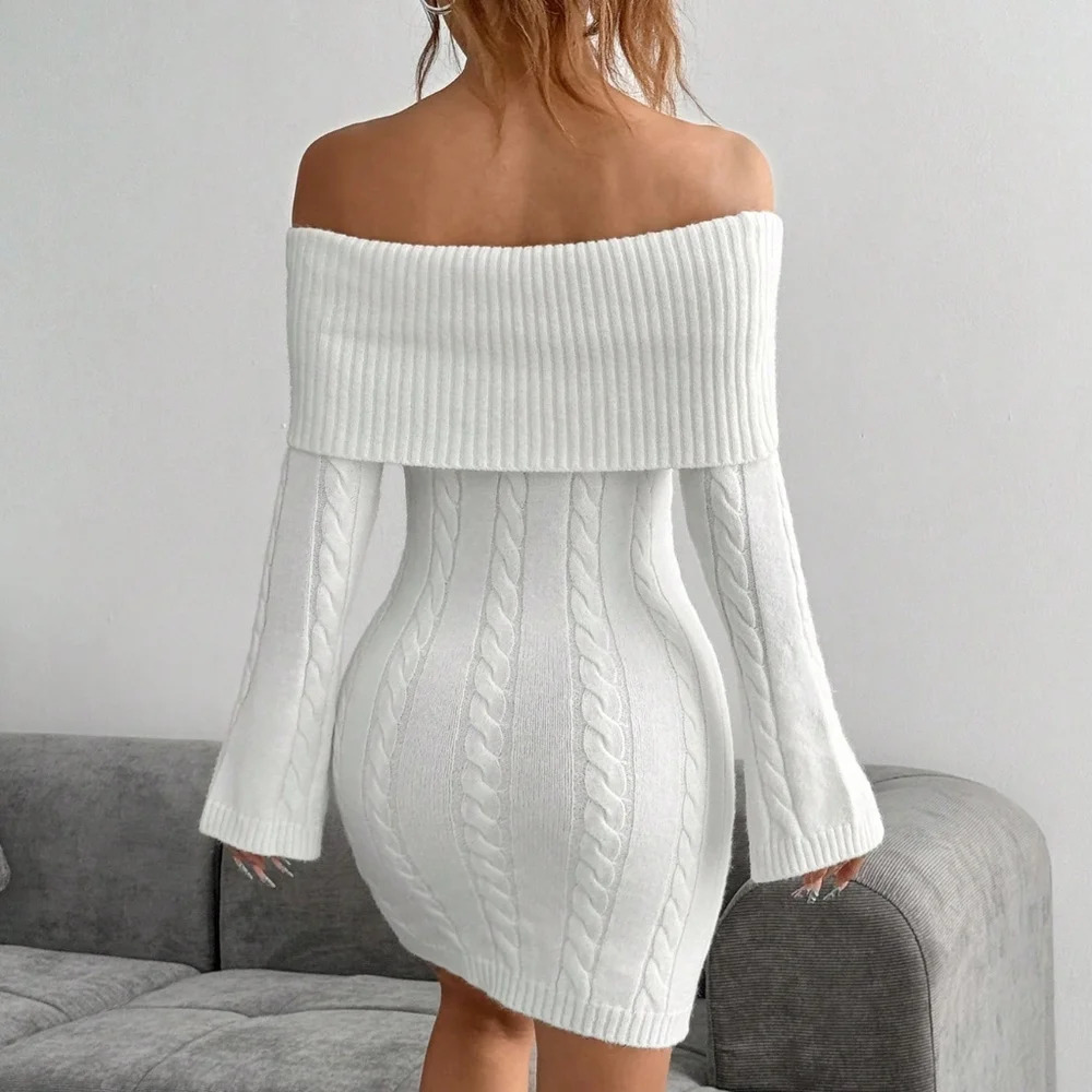 Elegant Long Sleeve Cable Knitted Bodycon Midi Dress - Picture 4 of 6